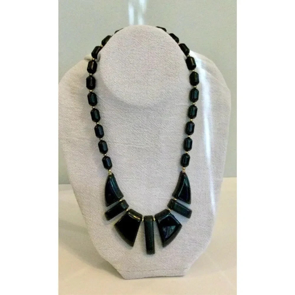 Vintage Womens Black Paddle Barrel Shape Beads Chunky Statement Necklace Jewelry